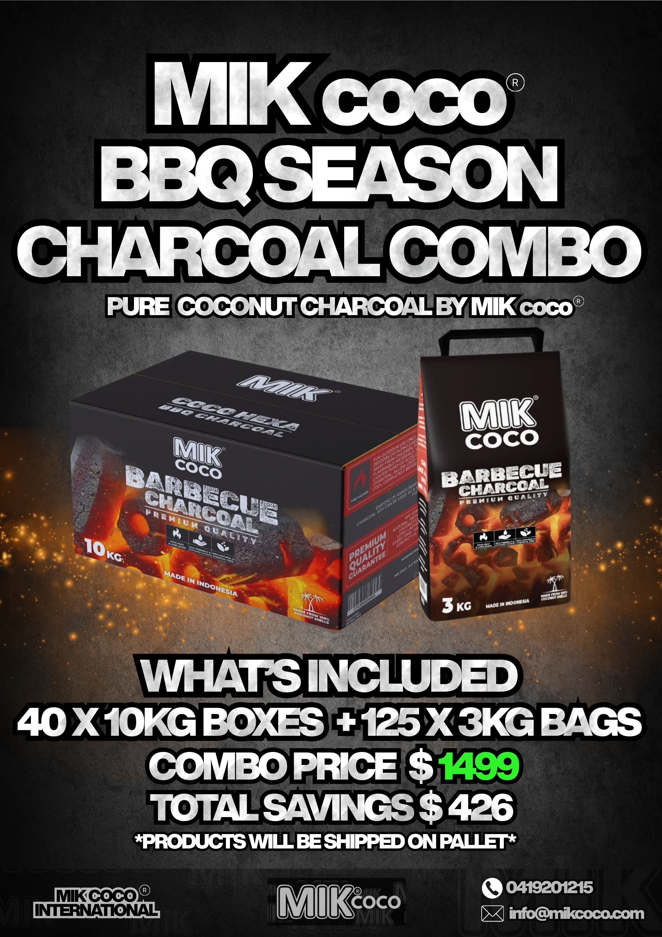 MIK COCO – BBQ Season Charcoal Combo (40 × 10kg + 125 × 3kg) Save $426!