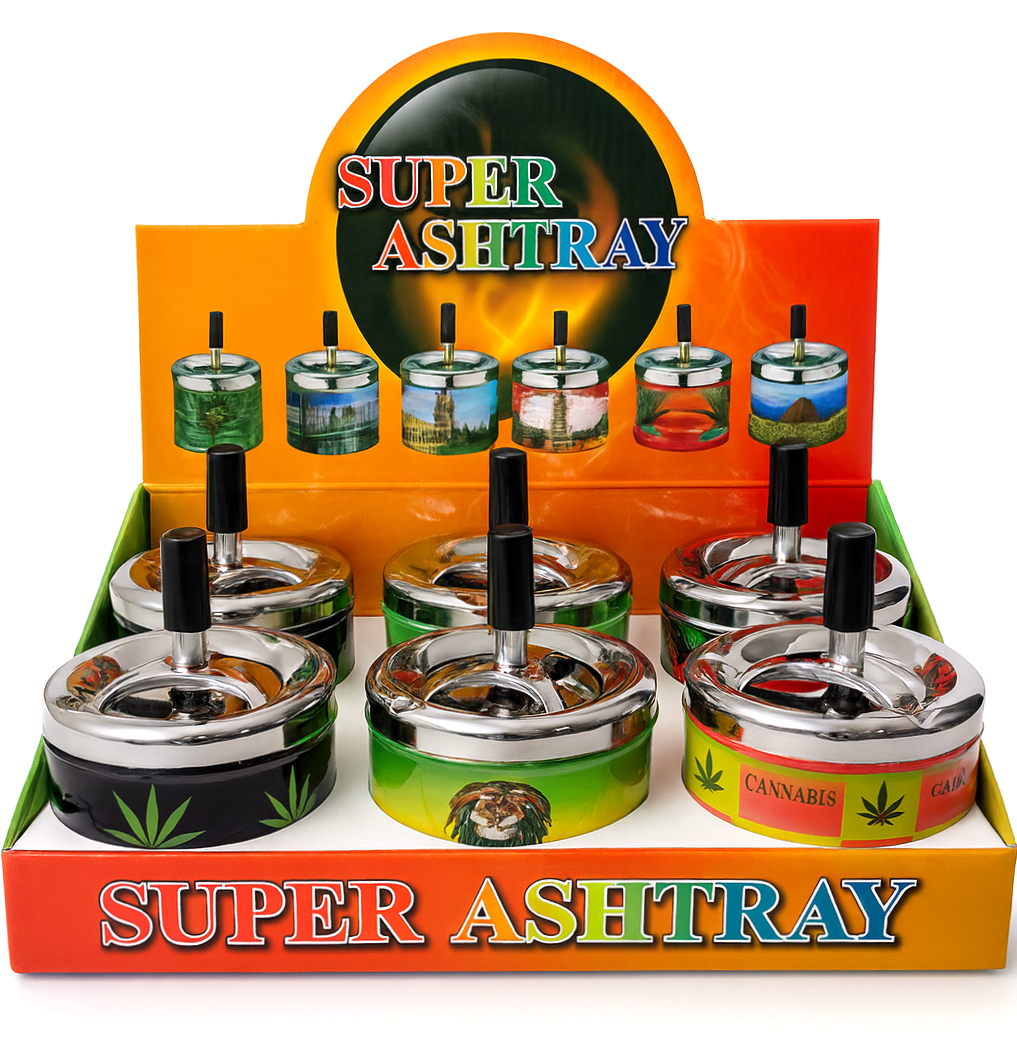 Metal Assorted Designs Ashtrays 6pcs Spin Lid
