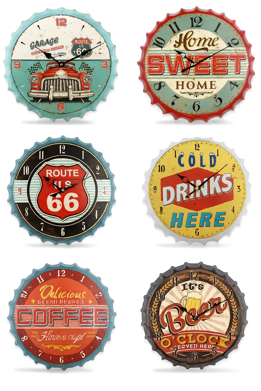 Bottle Cap Wall Hung Clock Assorted Designs Man Cave