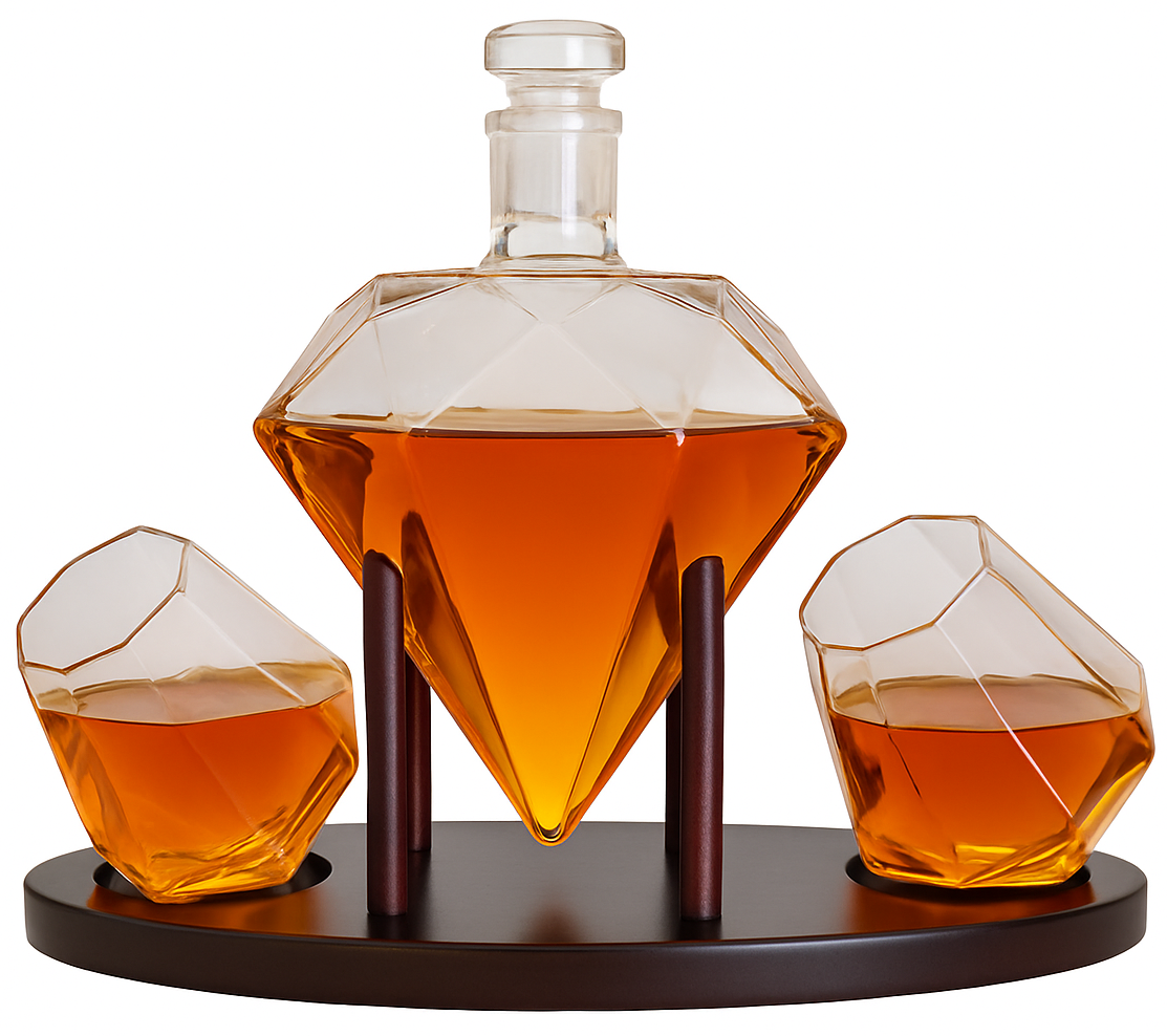Diamond Glass Lid Decanter Set 2x Cups