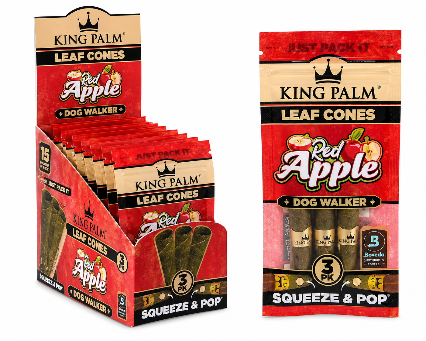 KING PALM Leaf Cones Dog Walker - Red Apple - 15 per box