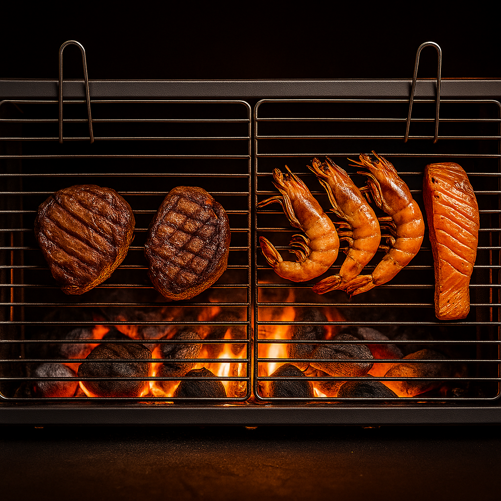 Grilled meat, shrimp, and salmon on a barbecue grill with flames below.