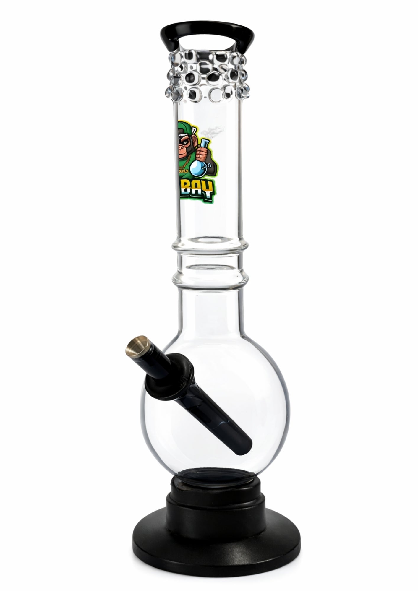 Glass bong with black base and decorative top on a white background