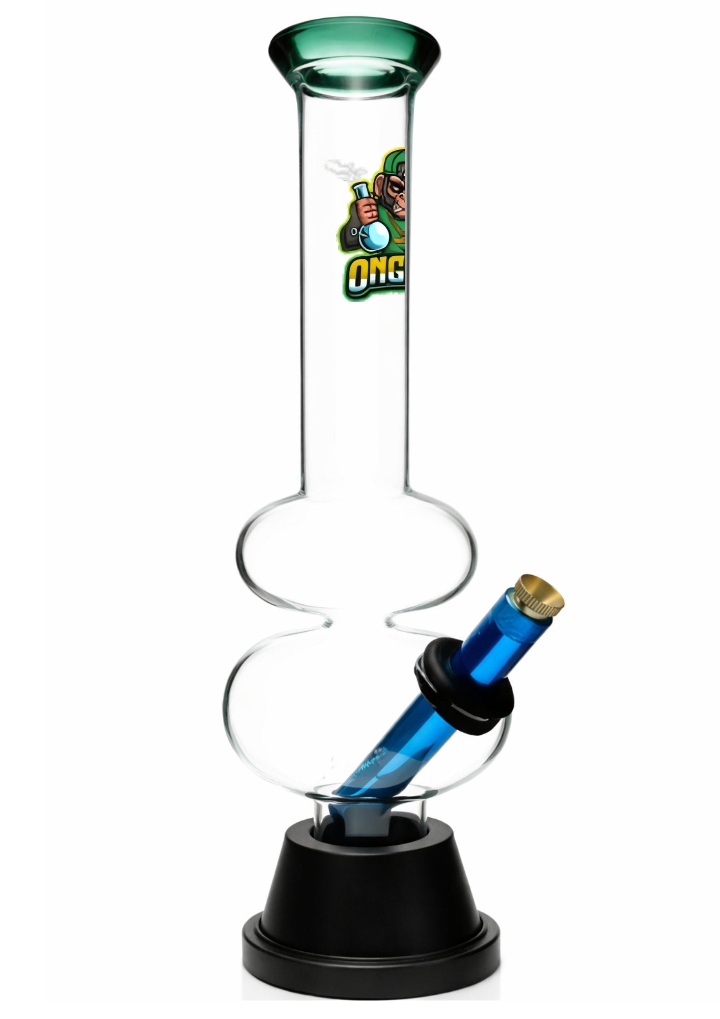 Glass smoking device with blue chamber and black base on a white background