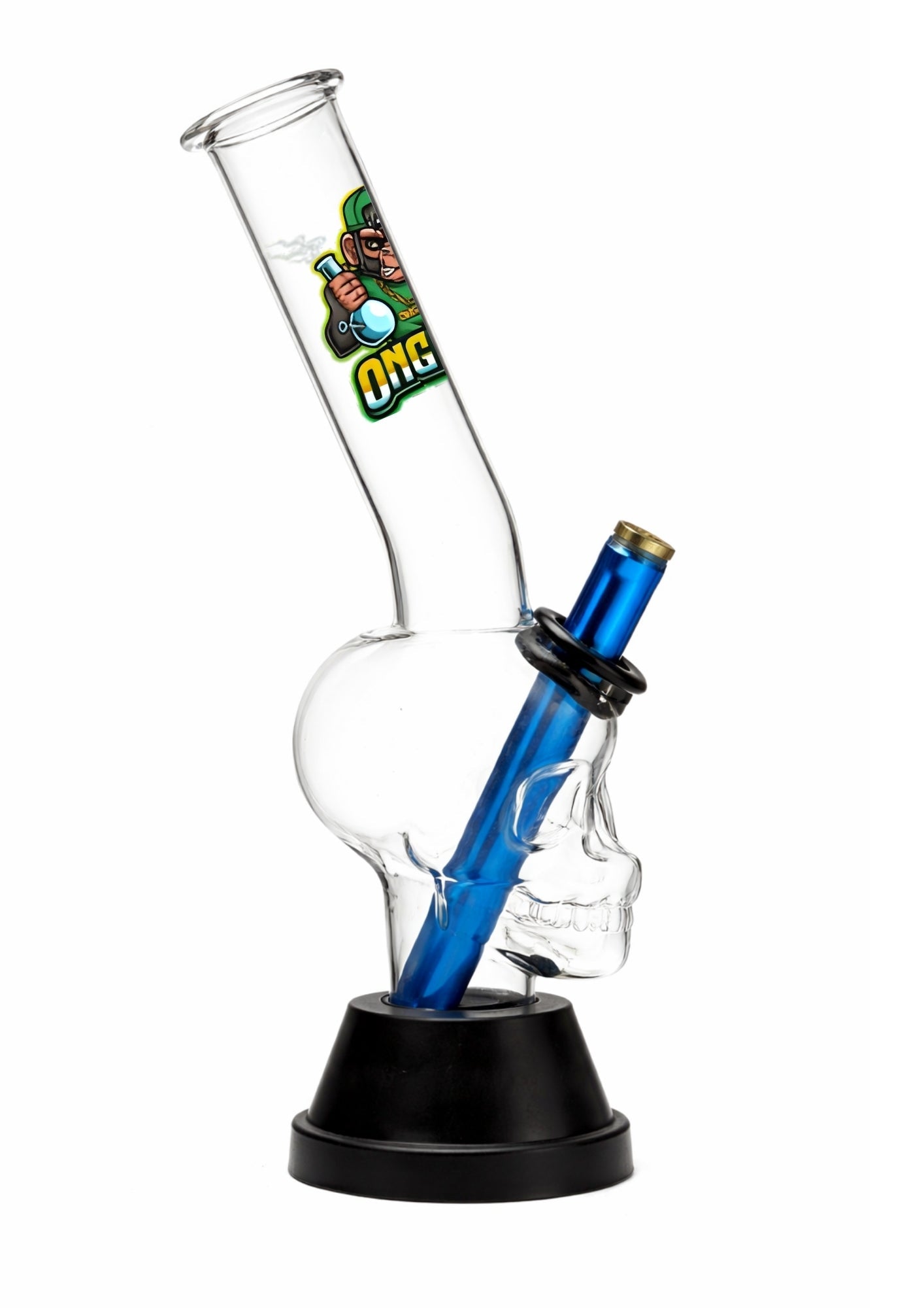 Glass bong with blue accent and colorful logo on a white background