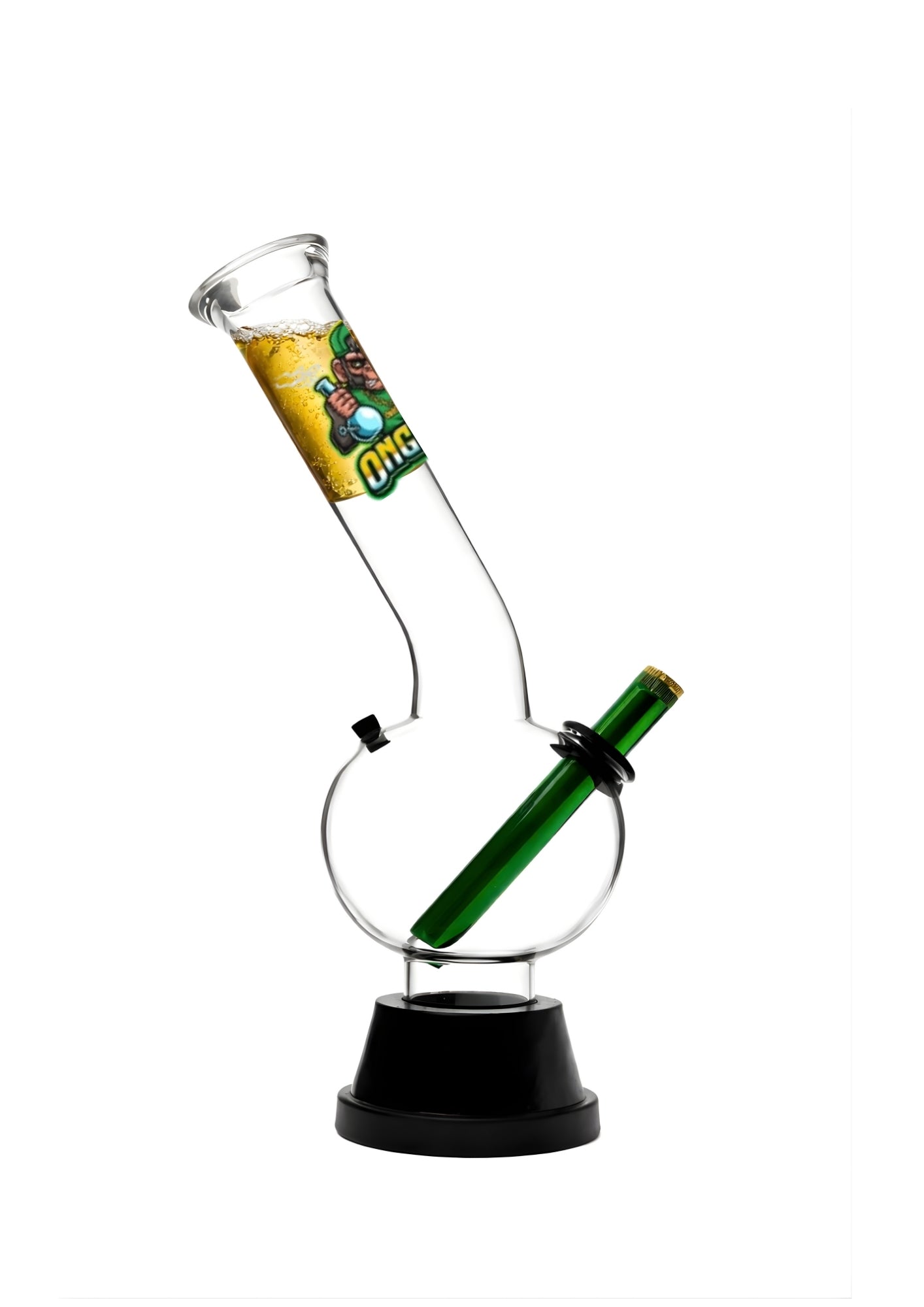 Glass bong with a green bottle inside on a white background
