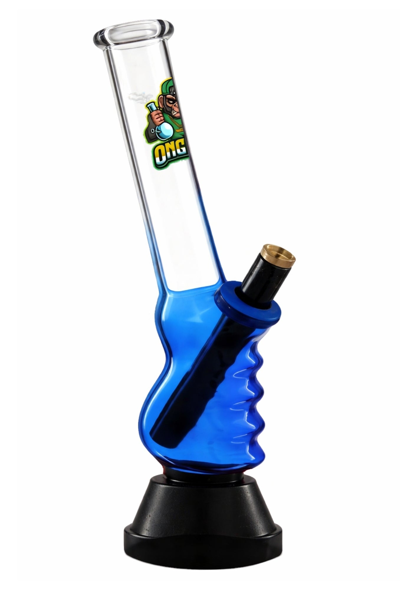 Glass bong with blue base and black accents on a white background