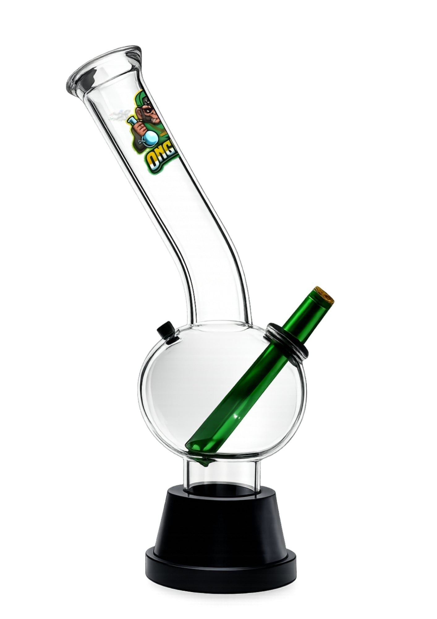 Glass water pipe with a green bottle inside on a white background