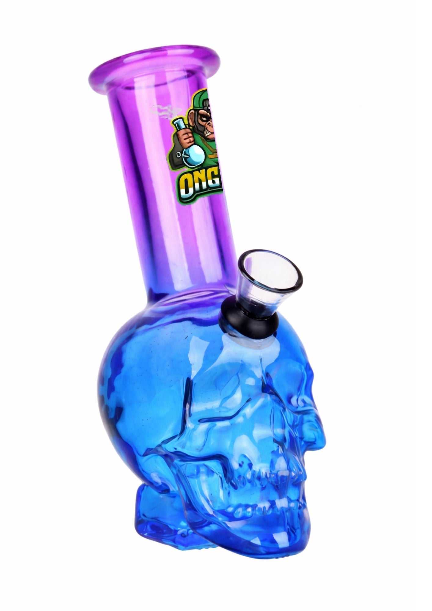 Blue skull-shaped bong with purple neck and green label on a white background