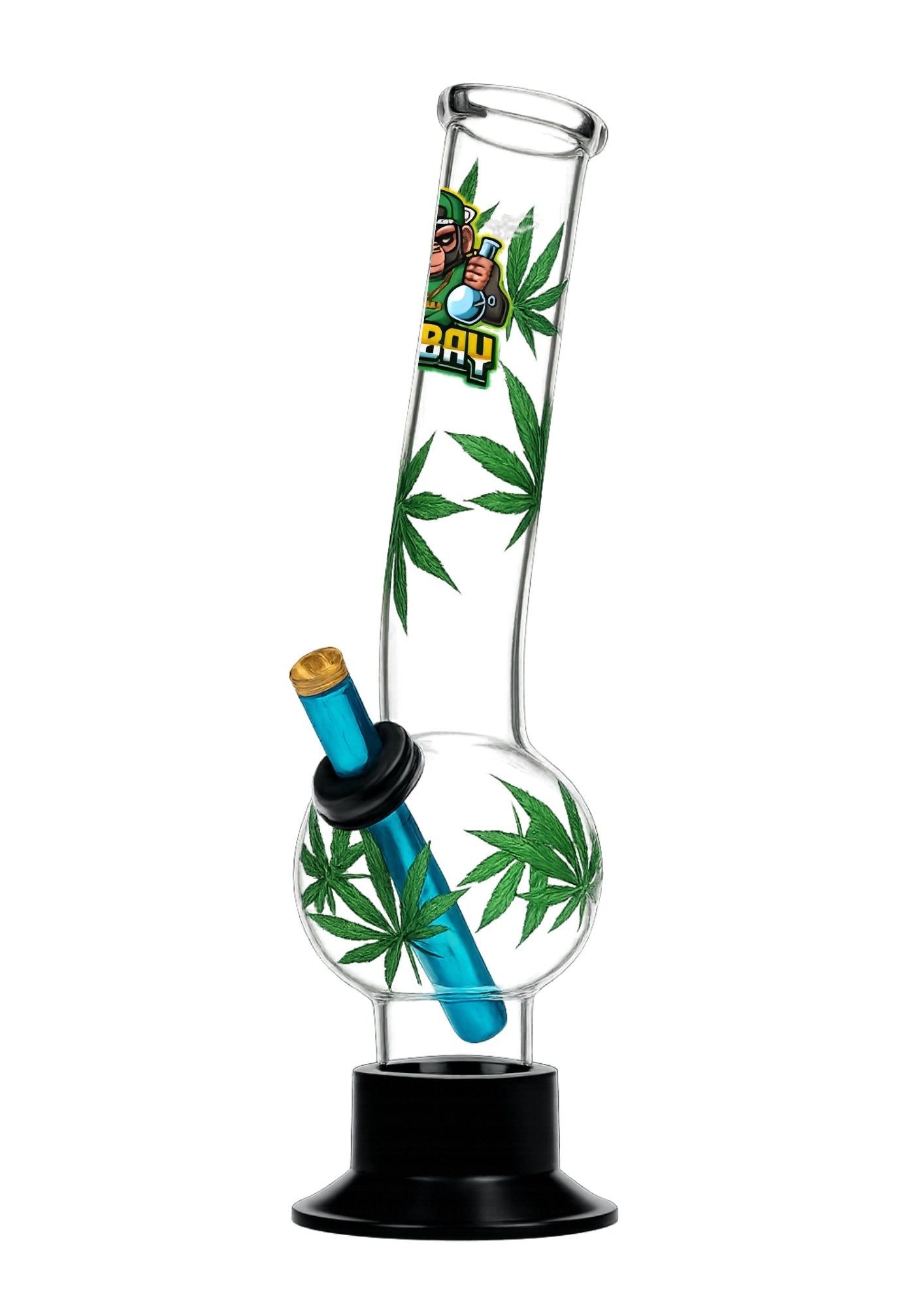 Glass bong with cannabis leaf designs on a white background