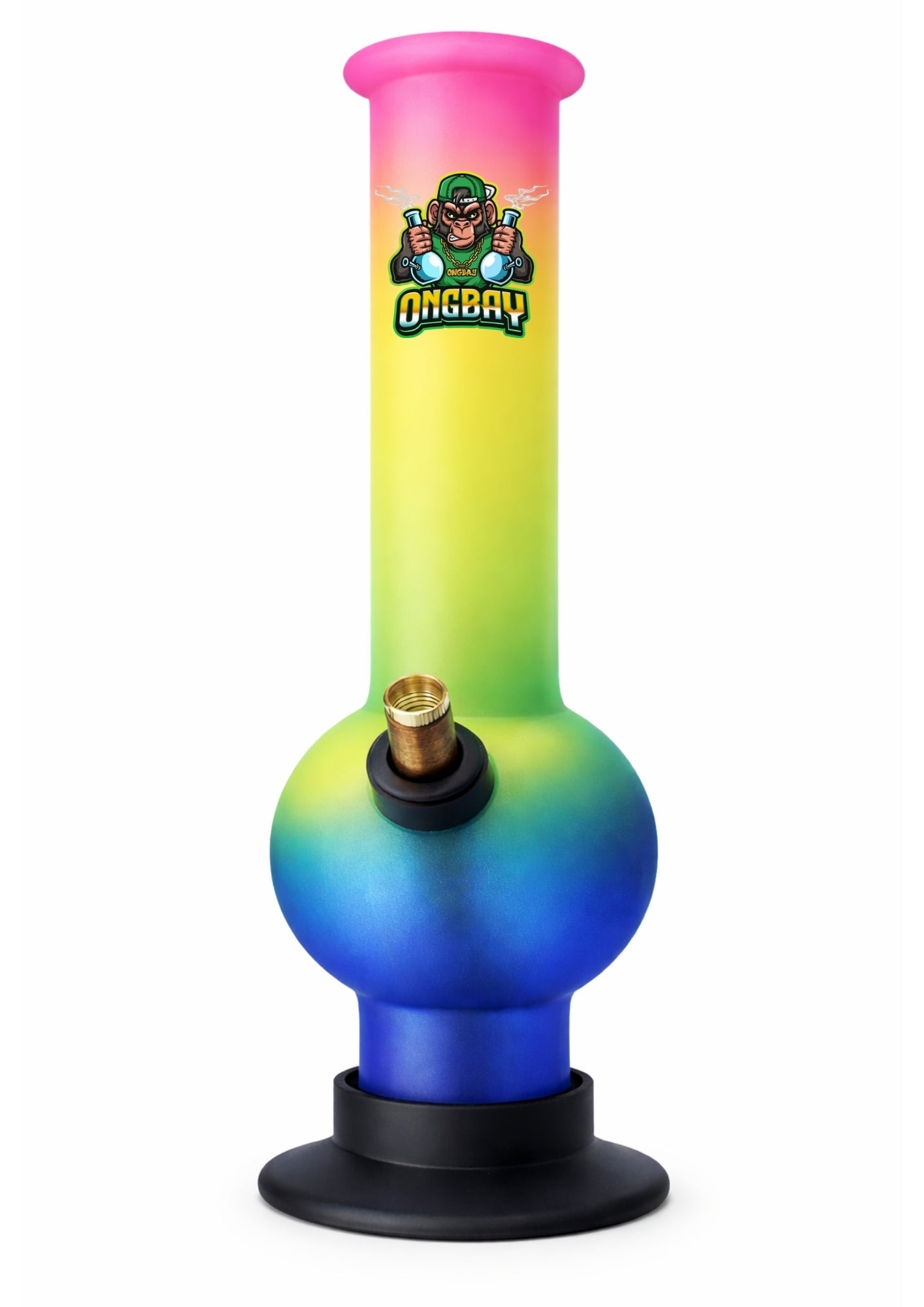 Colorful glass smoking device with a logo on a white background