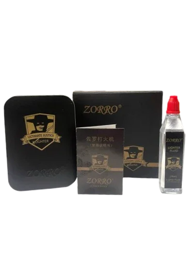 Zorro Lighter Fluid Refill Flip Lid Chinese Writing Design