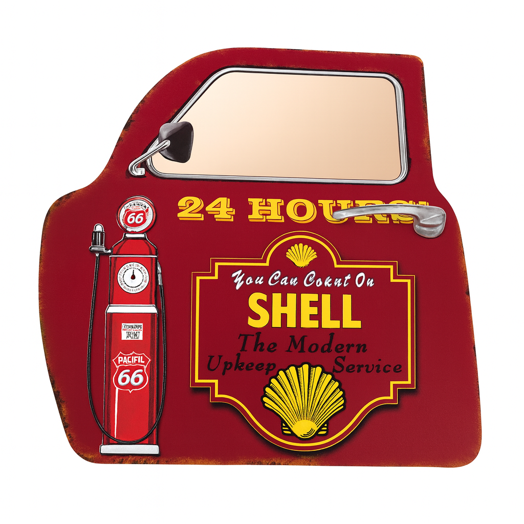 Red Shell sign with a gas pump graphic and '24 Hours' text on a white background