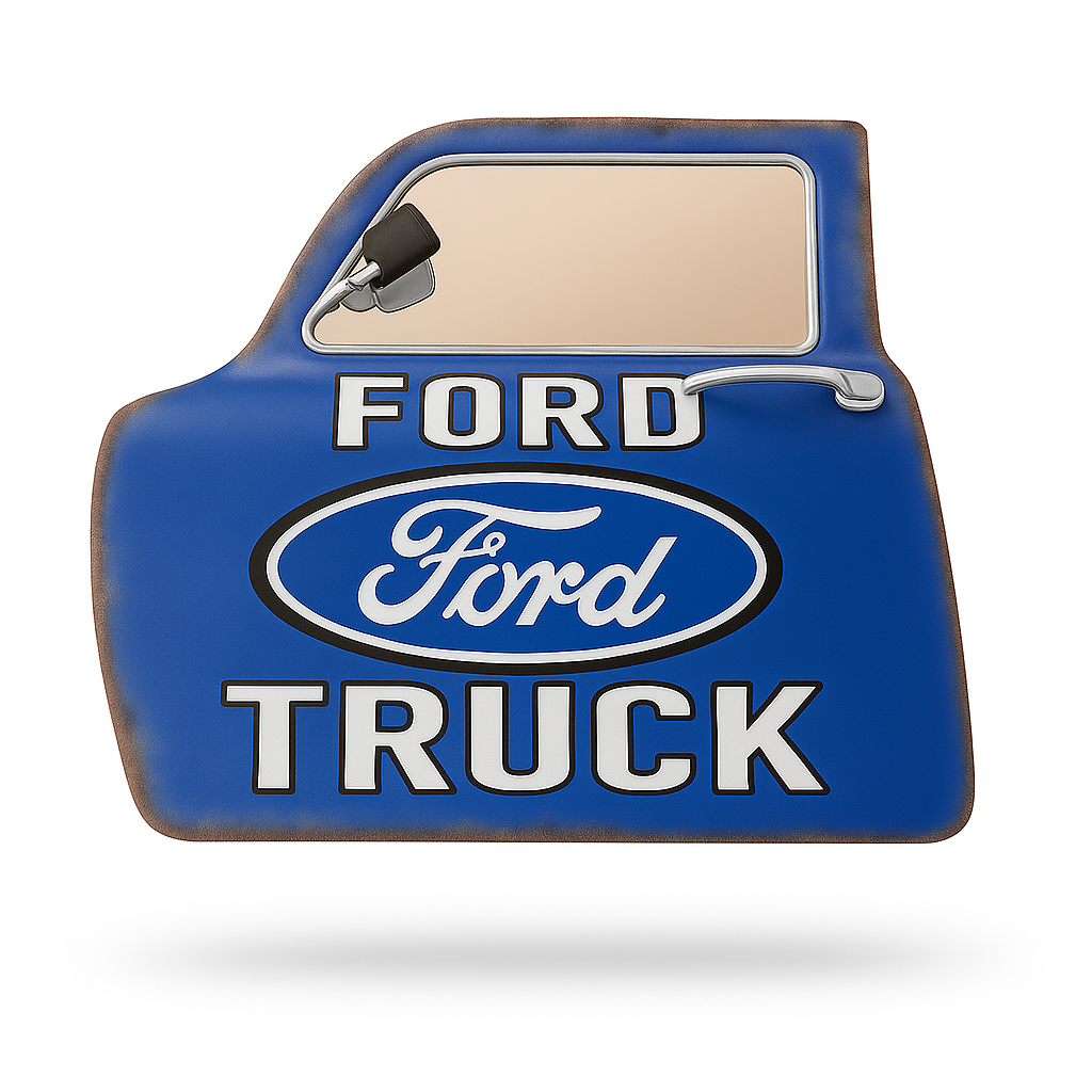 Blue Ford truck-shaped sign with logo on a white background