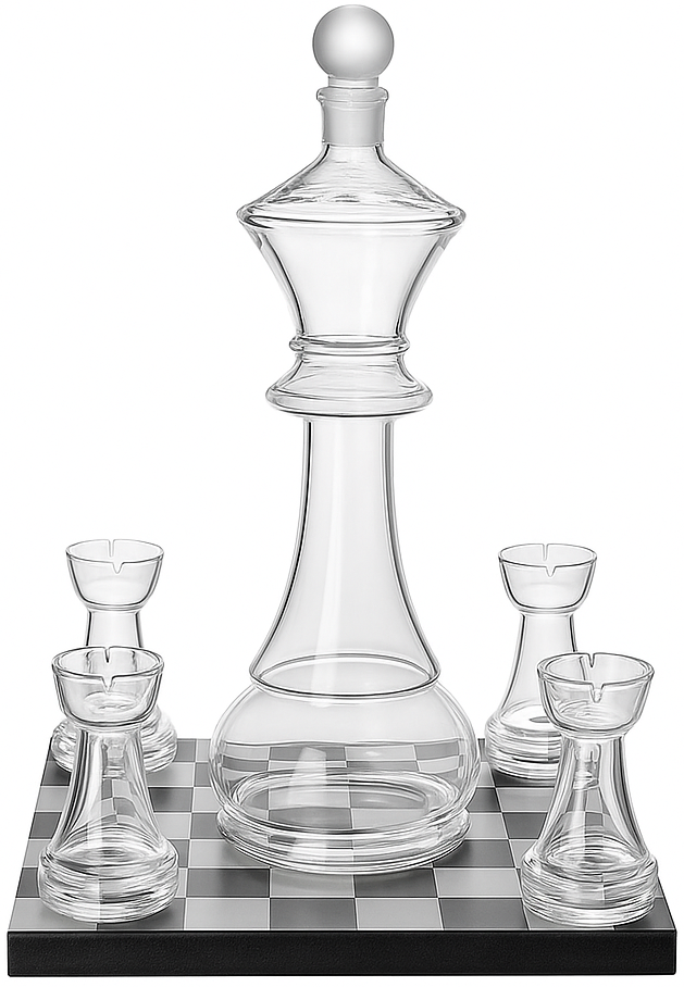 Chess Whiskey Glass Lid Decanter x4 Shot Glasses