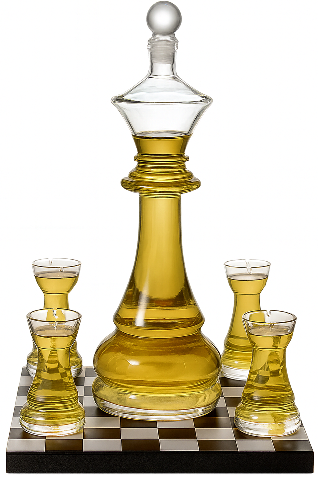 Chess Whiskey Glass Lid Decanter x4 Shot Glasses