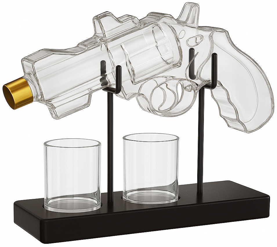Pistol Whiskey Screw Cap Decanter 2x Shot Glasses