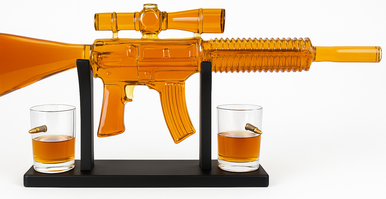 AK47 Gun Decanter Glass Lid 2x Cups