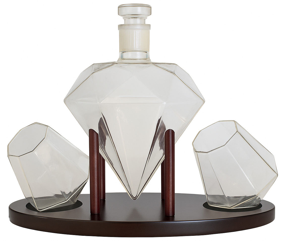 Diamond Glass Lid Decanter Set 2x Cups