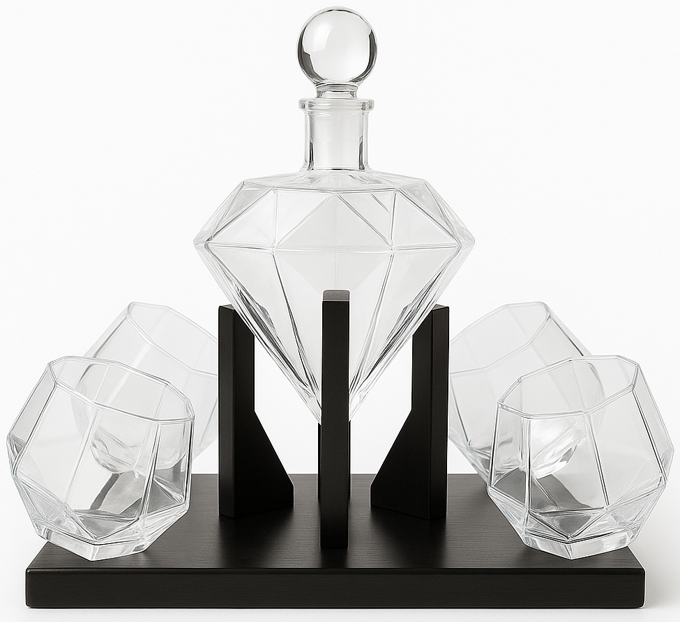 Diamond Glass Lid Decanter Set 4x Cups