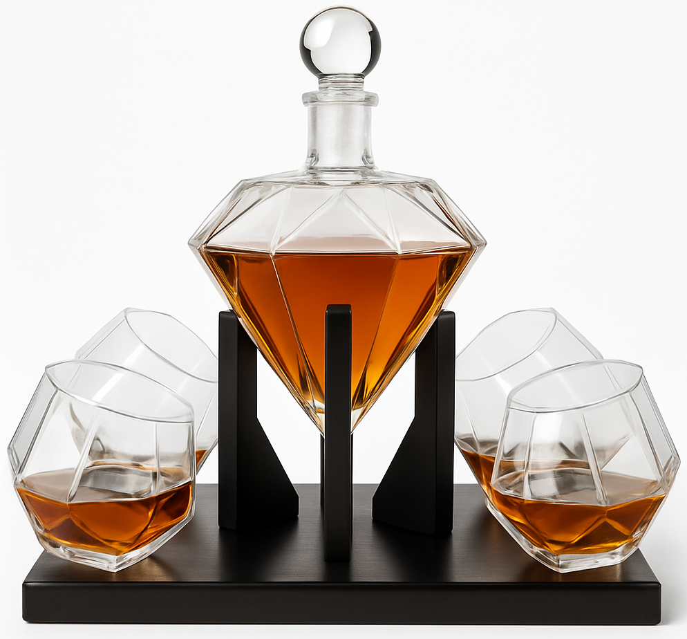 Diamond Glass Lid Decanter Set 4x Cups