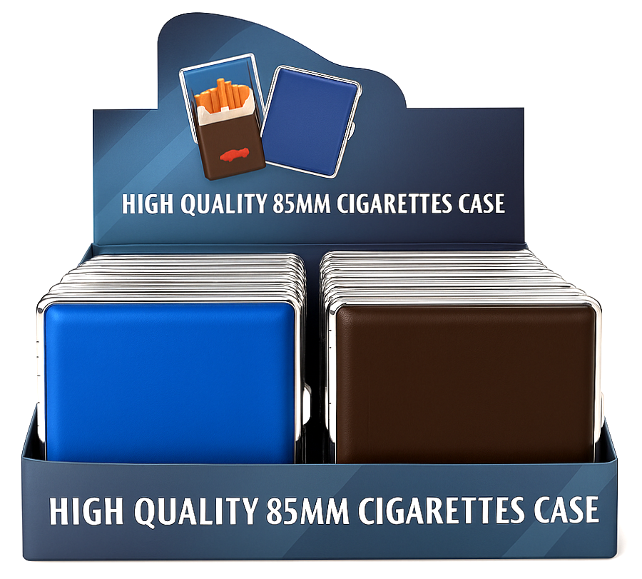 Display of high quality 85mm cigarettes cases in blue and brown packaging.
