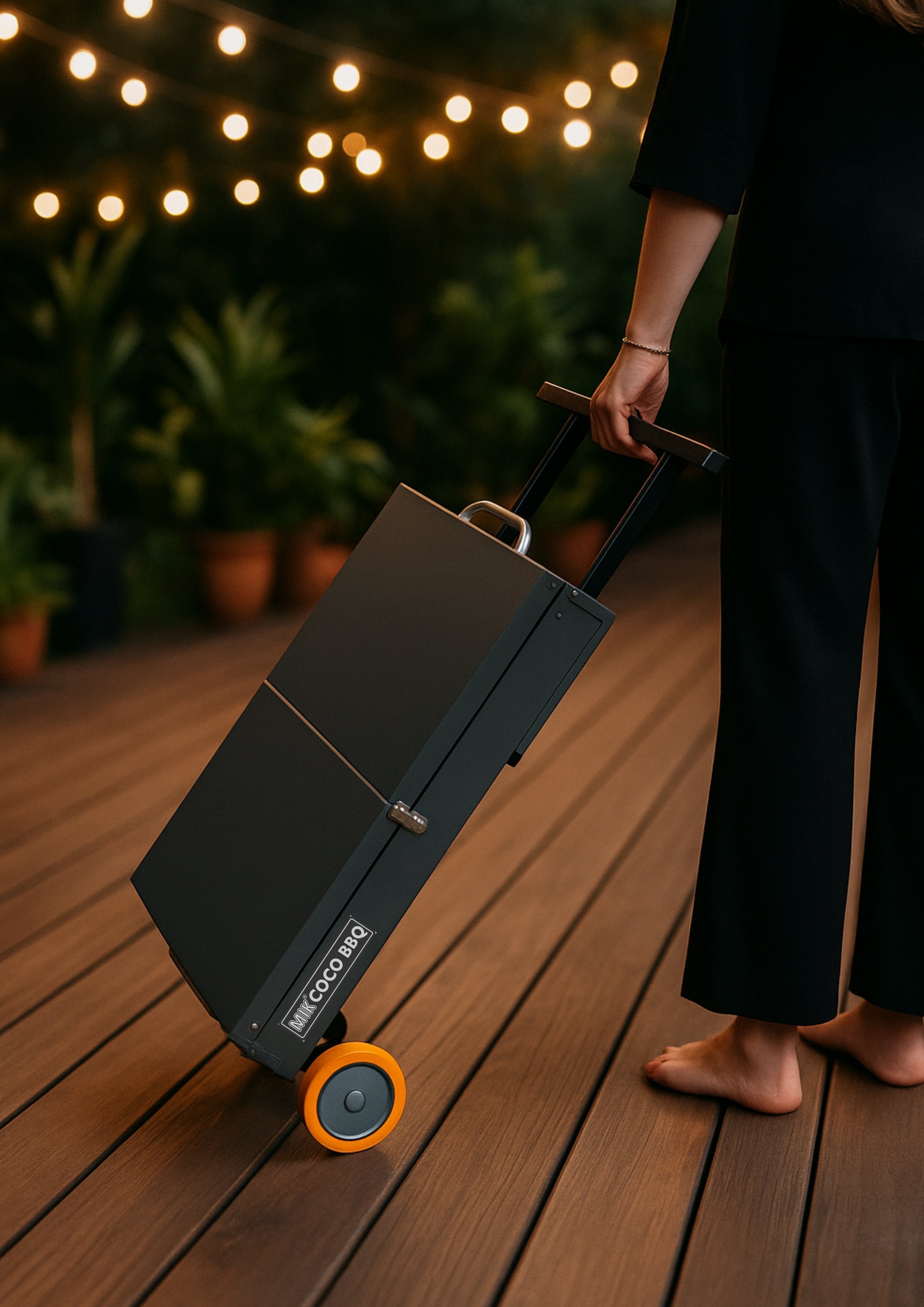 Person holding a black suitcase with orange wheel on a wooden deck with string lights in the background