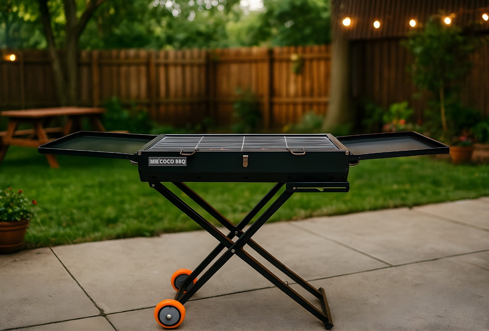 Portable grill on a stand in a backyard setting