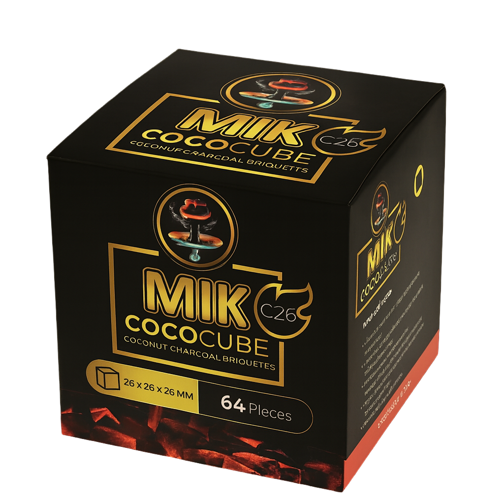 Box of Mik Cococube coconut charcoal briquettes on a black background