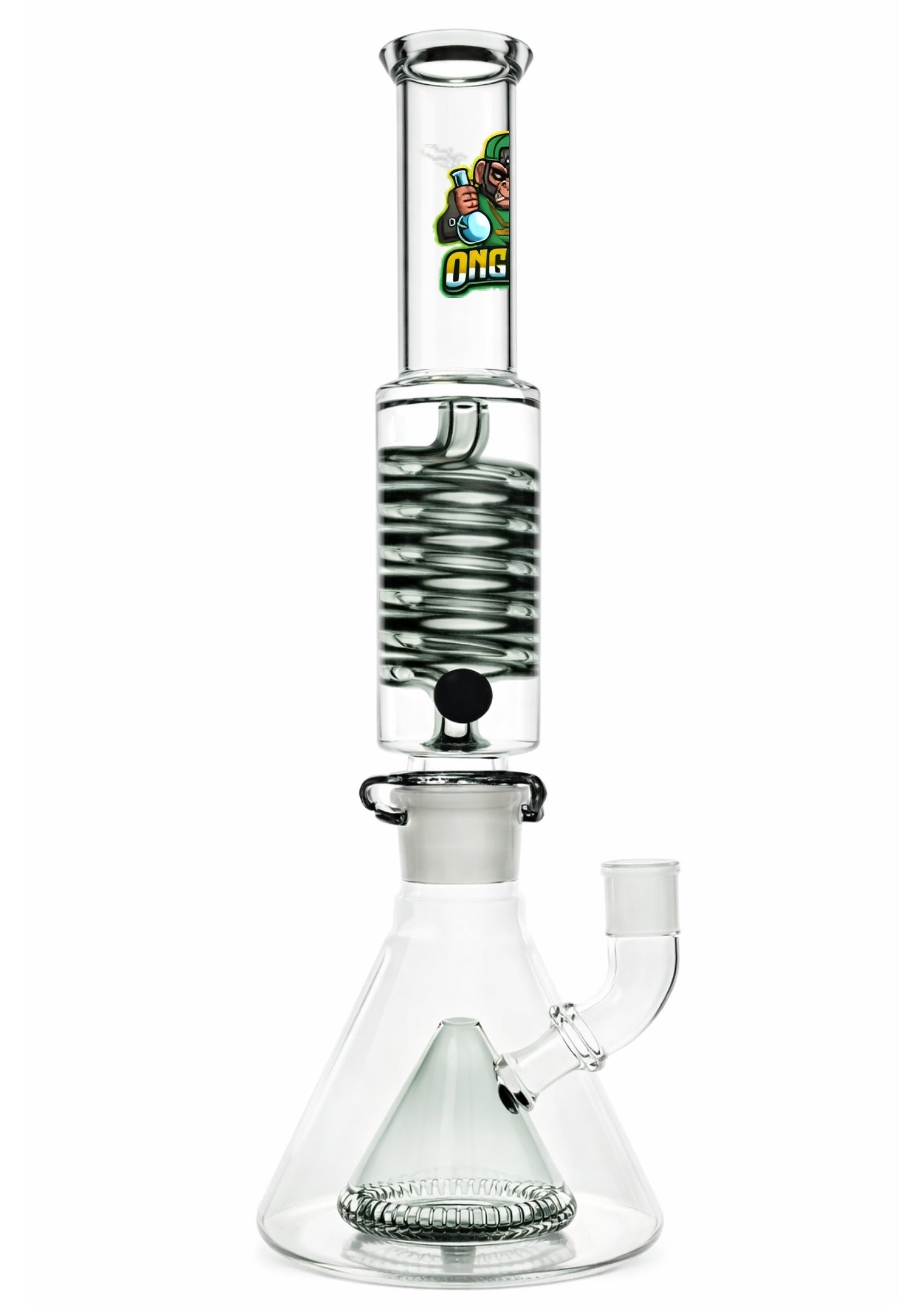 Clear glass water pipe with a logo on a white background
