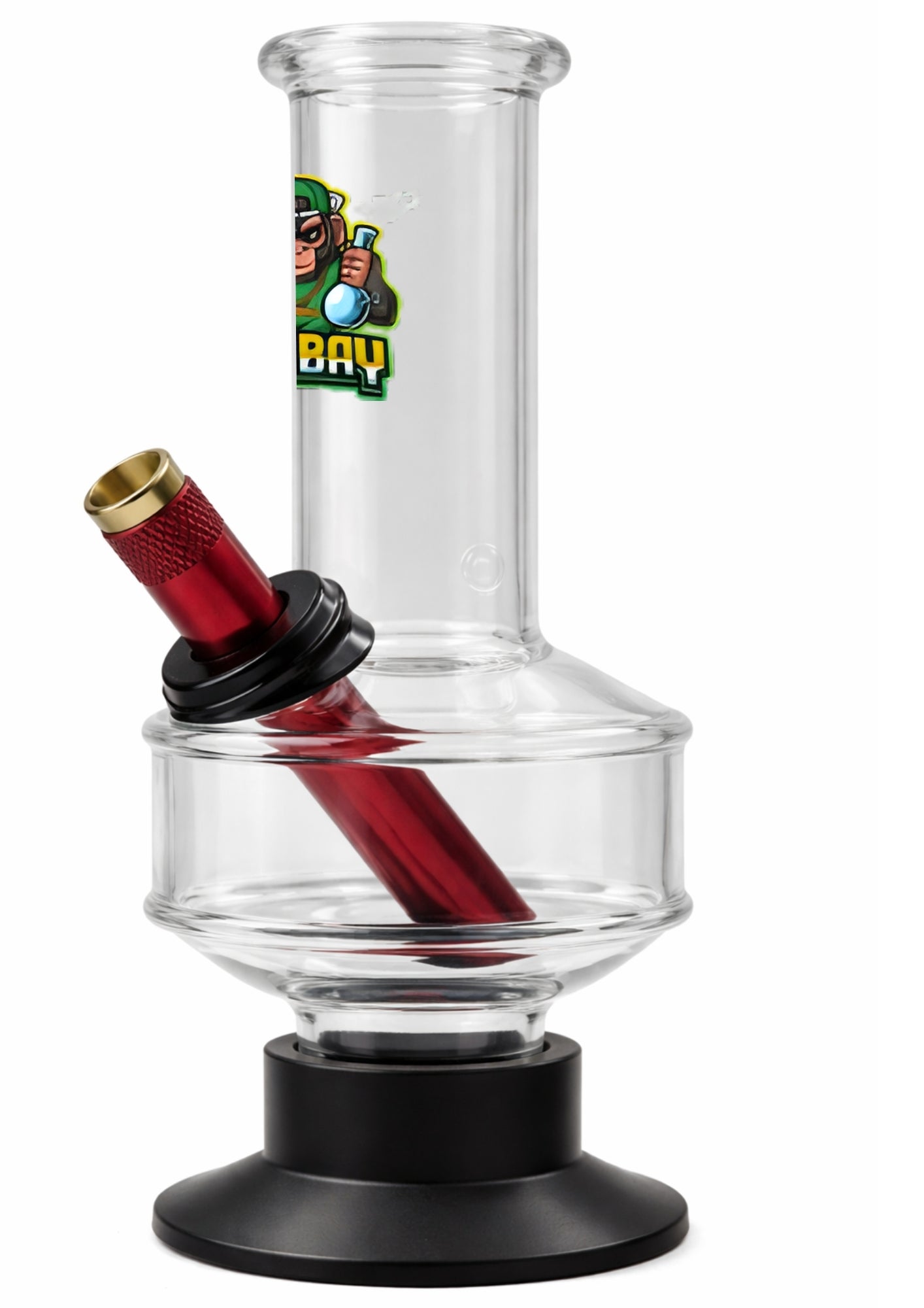 Glass smoking device with red interior and black base on a white background, featuring a logo.
