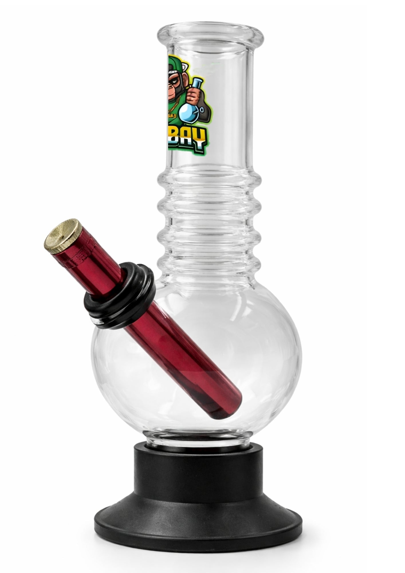 Ongbay Clear Globe Glass Oil Pourer with Red Downstem & Ribbed Cooling Neck (18cm)