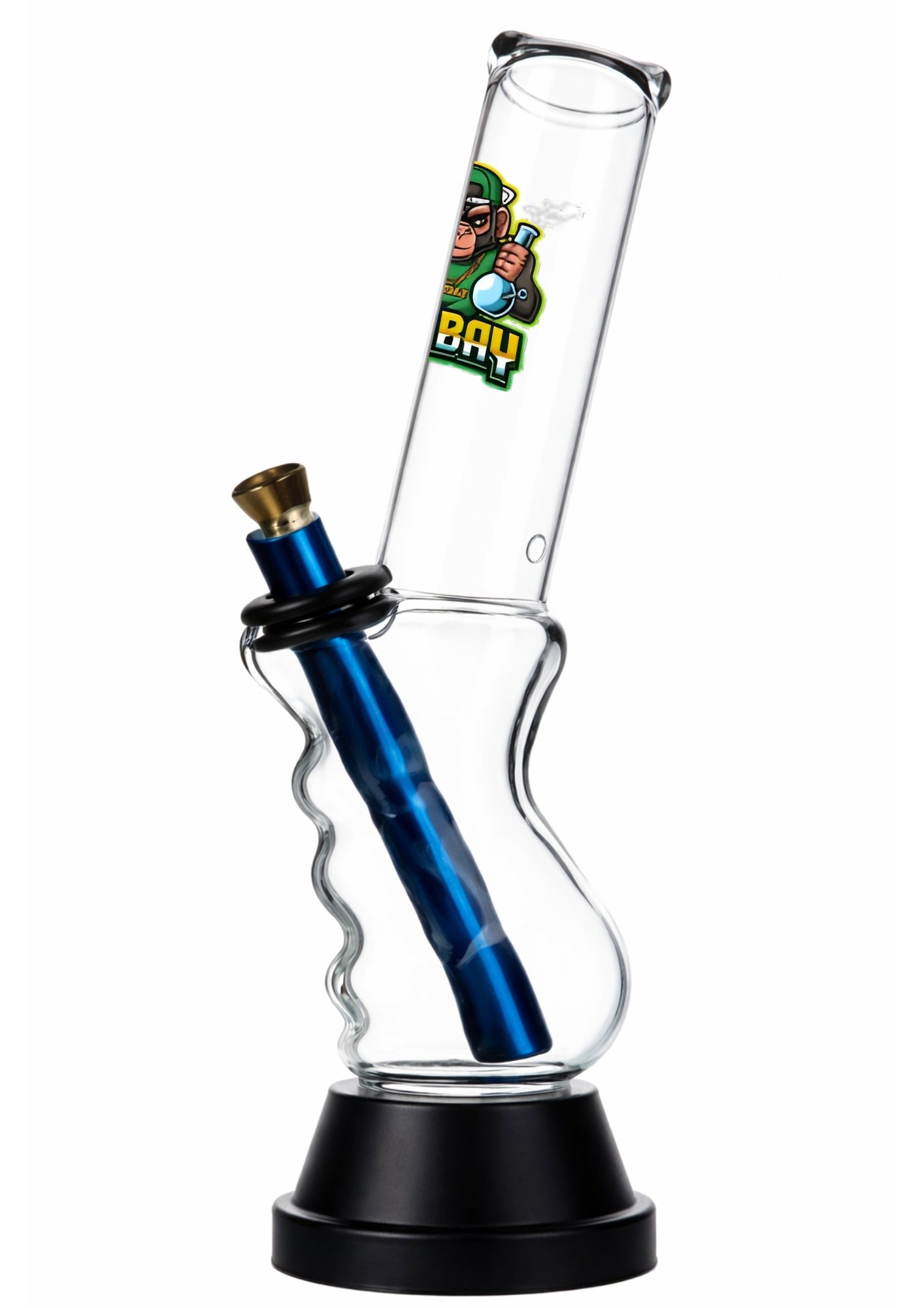Glass bong with blue accent and logo on a white background
