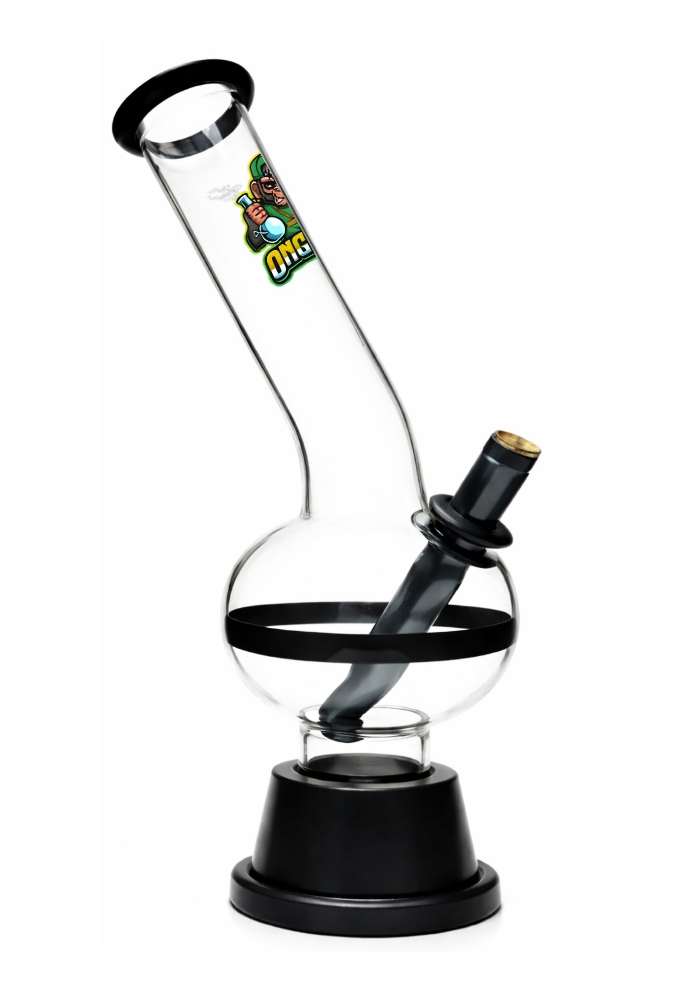 Glass bong with spiral design and black base on a white background