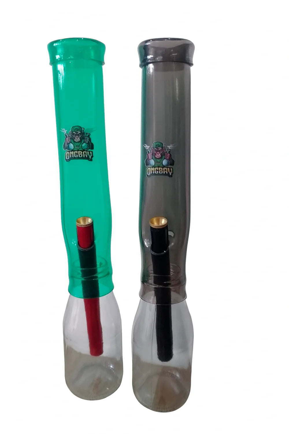 Two bottle bongs, one green and one clear with black accents, on a white background.