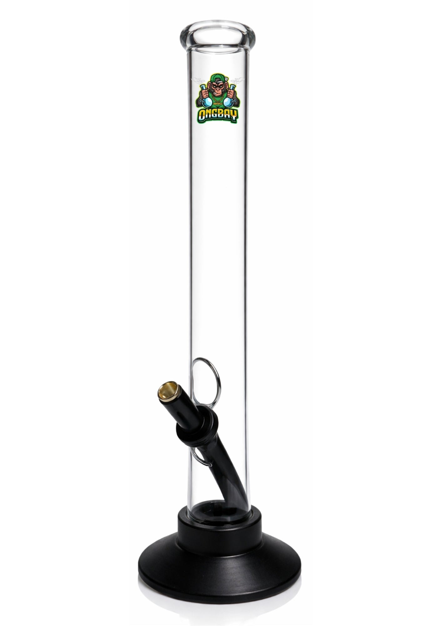 Glass smoking device with a logo on a white background