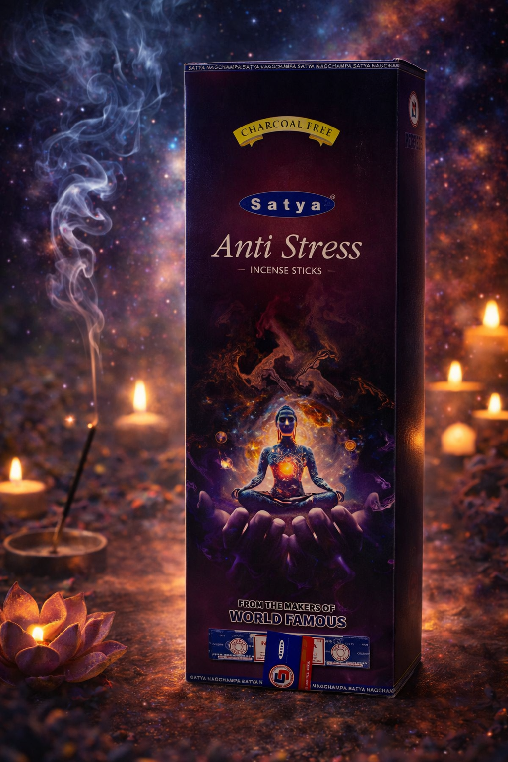 Satya Anti Stress incense sticks box with candles and smoke in the background