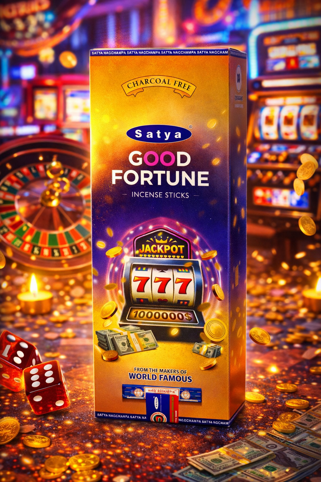 Satya Good Fortune Incense Sticks packaging with slot machine design on a casino-themed background